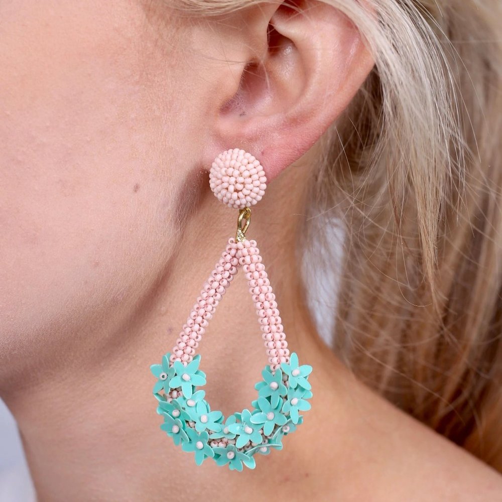 New Beaded Flower Teardrop Earrings in Mint and Pink Blush